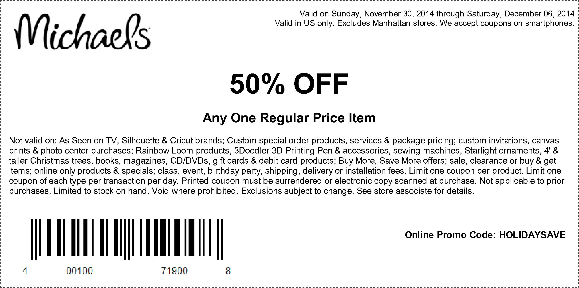 50% off a single item and more at Michaels coupon via The Coupons App