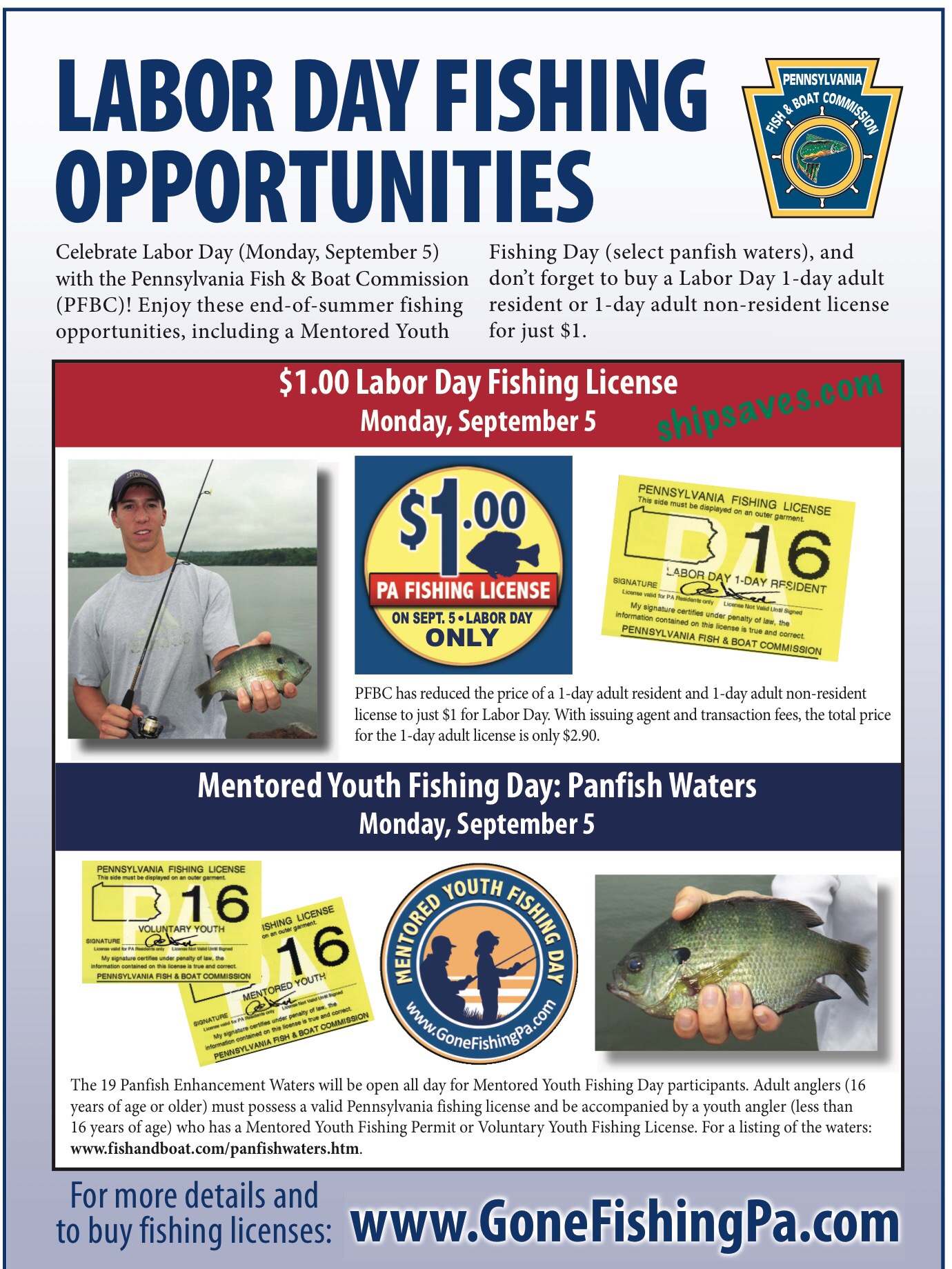 $1 Labor Day Fishing License  Monday, September 5 - SHIP SAVES