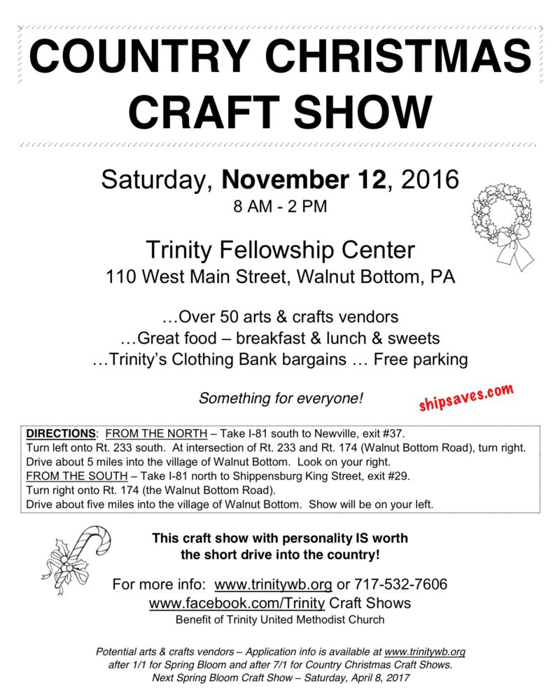 Trinity UM Church’s 18th Annual Craft Fair Saturday, November 12