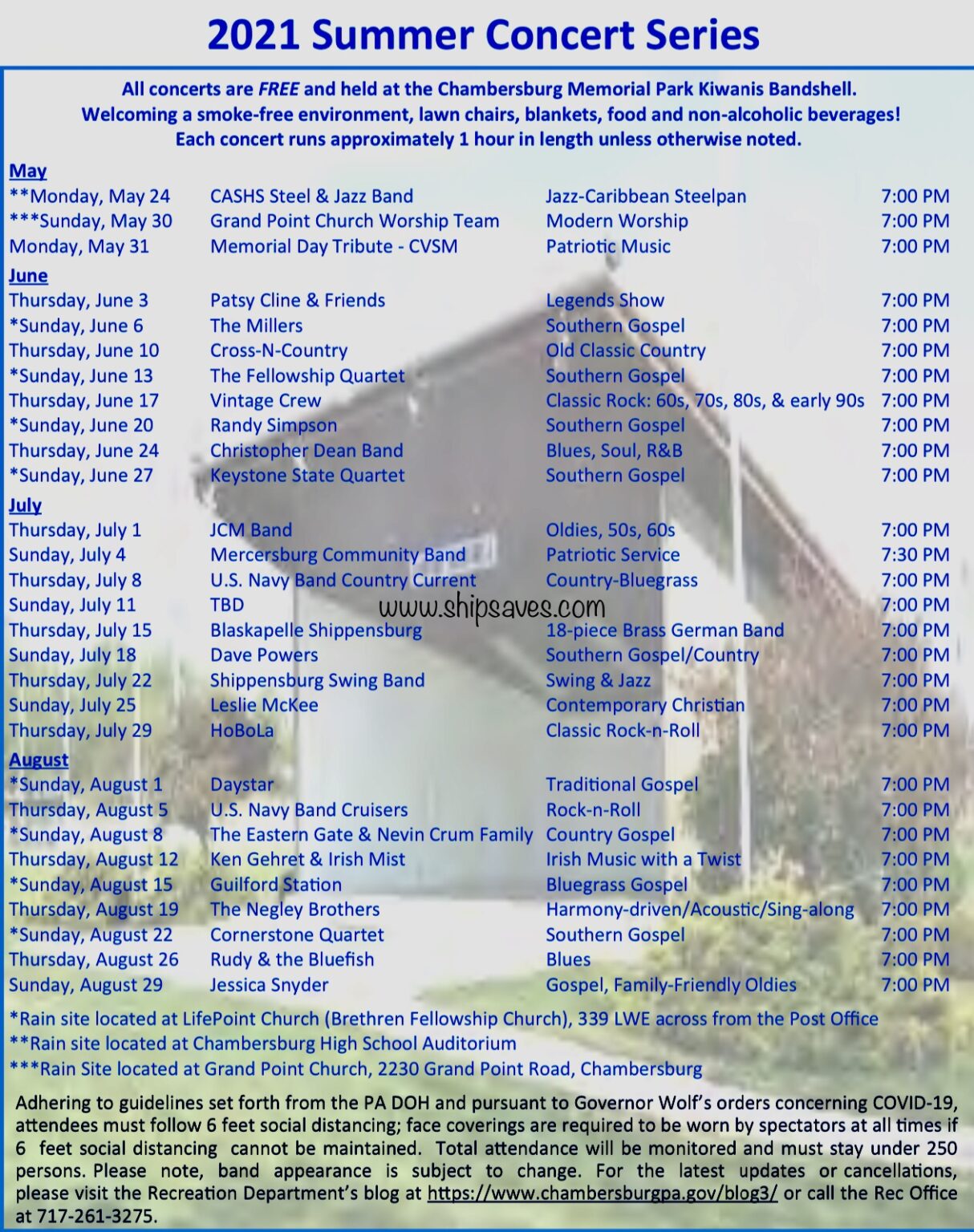 Chambersburg Memorial Park’s 2021 Summer Concert Schedule SHIP SAVES