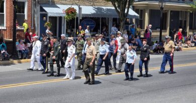 Line of military personnel in varied uniforms marching down a street in a parade, with onlookers seated and standing along storefronts.