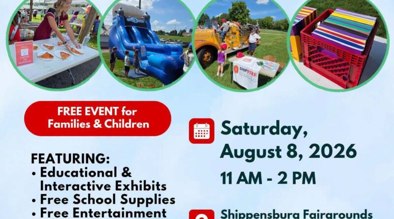 Back to School Family Fun Day event poster with four circular photos of activities and sponsor logos at the top surface text areas for date, time, and location.