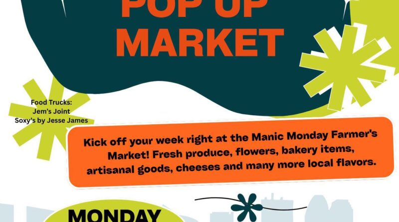 Event flyer for a Manic Monday Pop Up Market with bold teal background and bright orange/green text; includes date and location (Downtown Shippensburg).